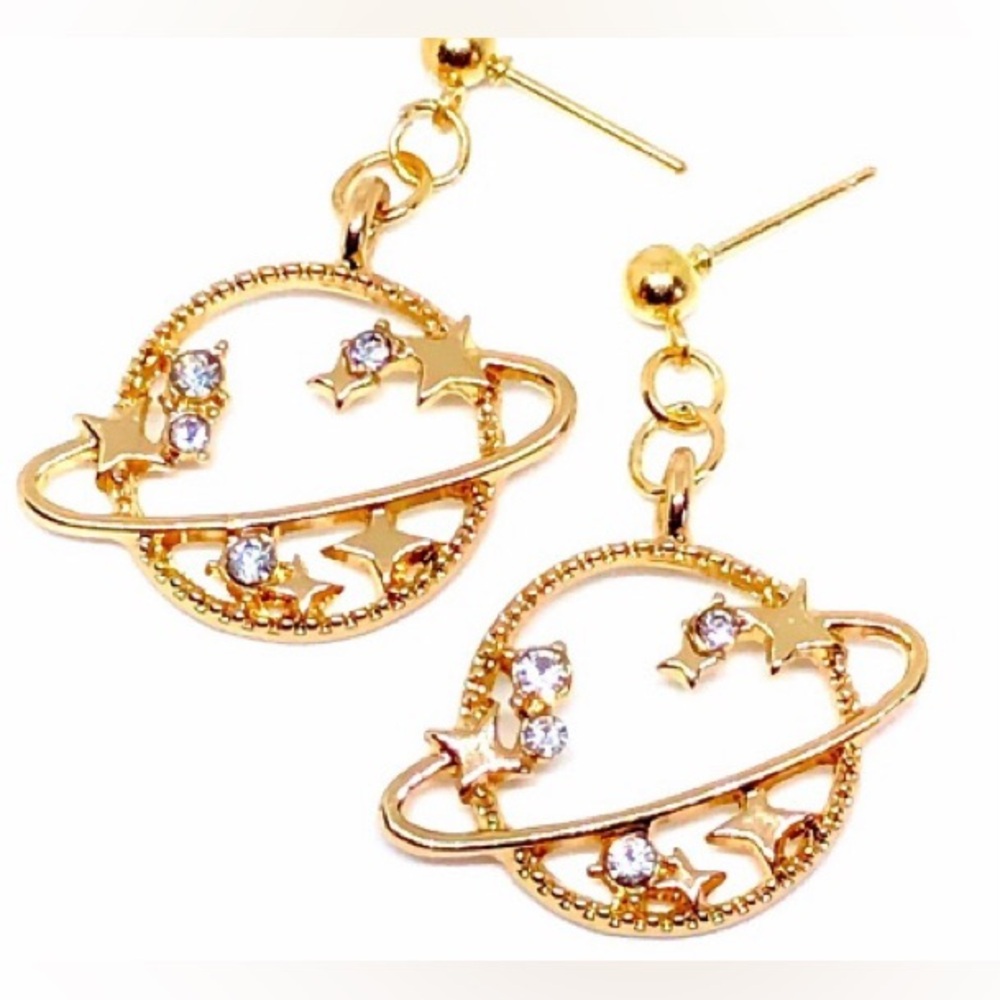 Gold Saturn Ring Planet White Crystal Stars Textured Hollow Post Dangle Earrings